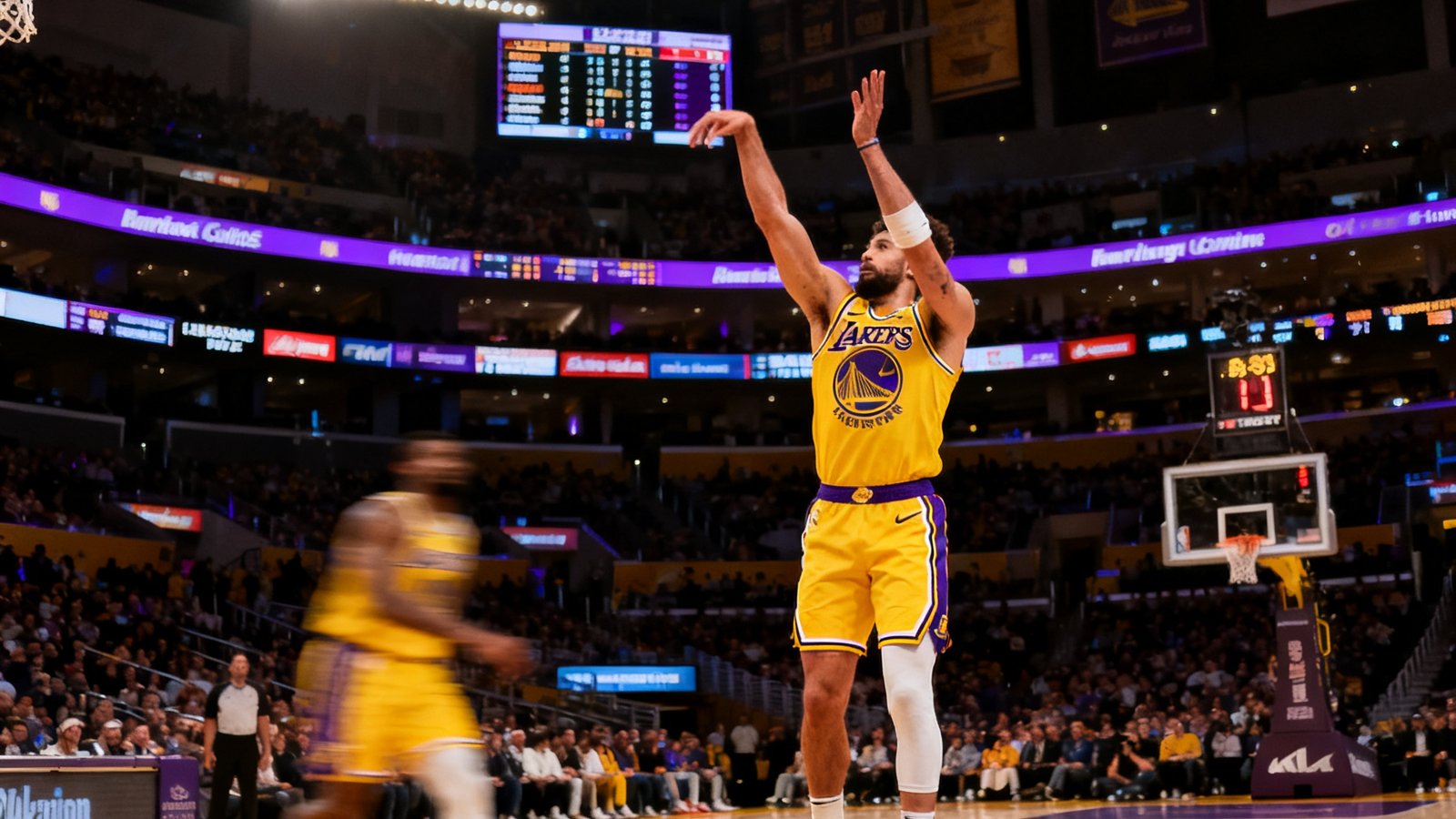 NBA常规赛洛杉矶湖人主场对阵金州勇士的直播画面，黄色球衣球员正在三分线外出手投篮