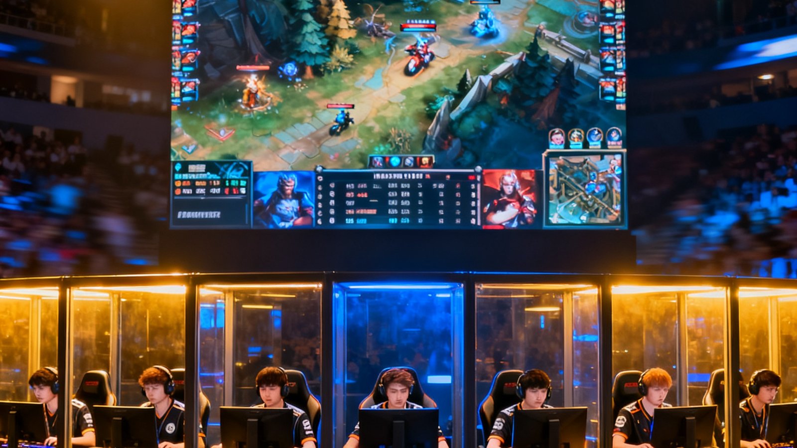 DOTA2国际邀请赛TI主舞台直播画面，十位选手在隔音房内专注操作，大屏幕显示实时战况